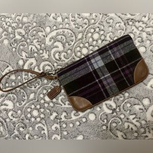 Coach Purple Plum Tweed and Brown Plaid Wristlet Rare upside down label